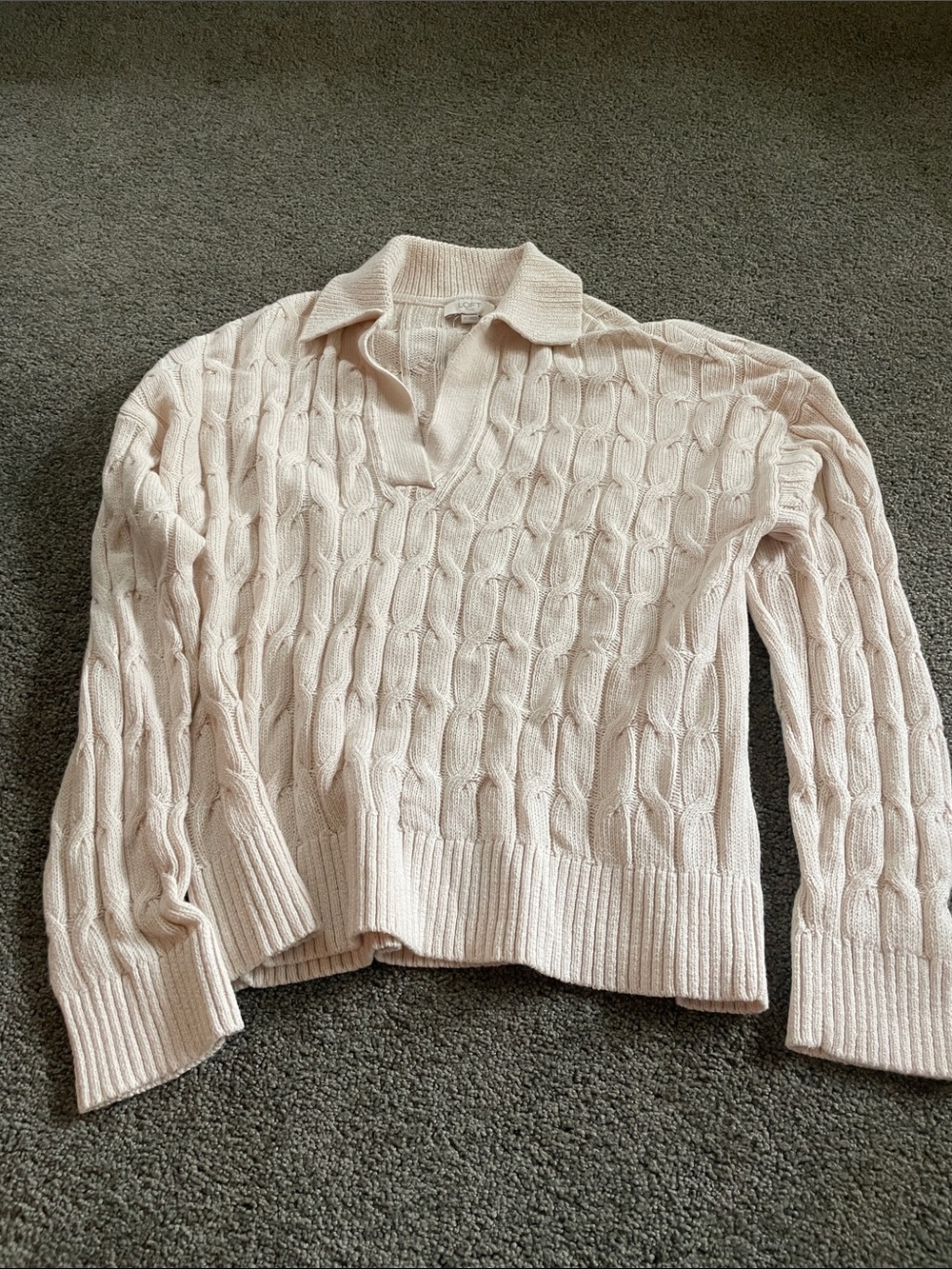 LOFT Cream Cable-Knit V-Neck Polo ALL SEASON Sweater NWT
